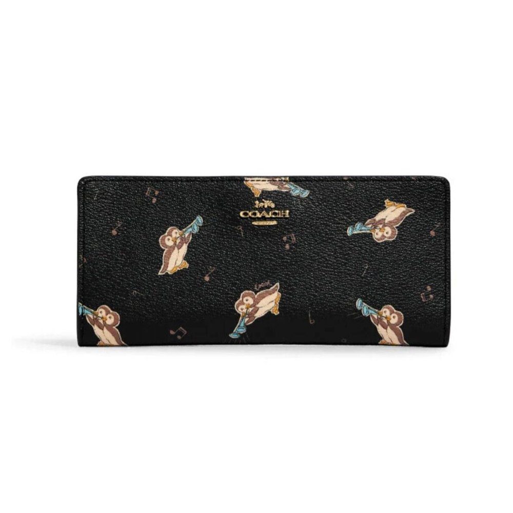 New Coach CF540 Slim Zip Wallet with Owl Print Black Multi
